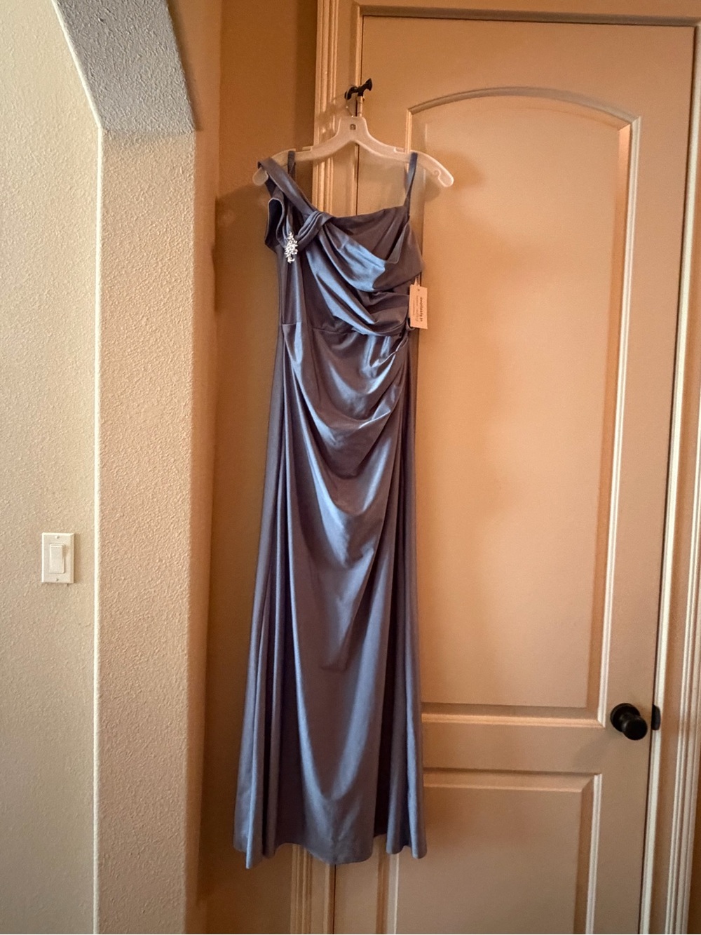 Oleg Cassini Slate Blue Satin One-Shoulder Evening Gown